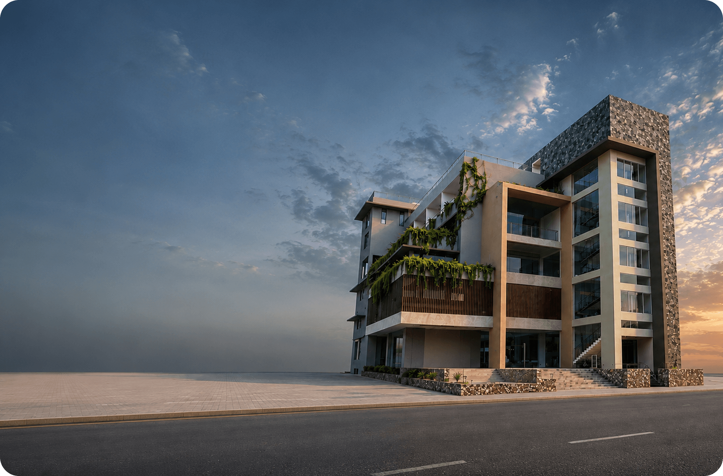 The GR Plaza building at dusk